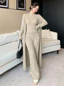 Knit Top Pant Cardigan 3 Pcs Set Knit Set - بيج - مشاهدة 2