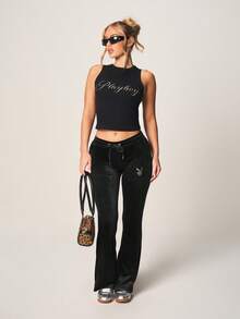 Missguided x Playboy Velour Flare Leg Jogger Pants With Rhinestone Bunny Logo Drawstring Waist Y2K Retro Style - Black - View 1