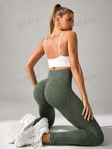 SHEIN Sports 女款高腰日常健身運動緊身褲 - 綠色 - 查看 3