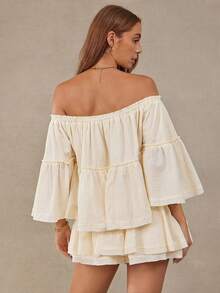 WESTFADE 100% Cotton Gauze Convertible Off Shoulder Tiered Ruffle Top & Smocked Waist Tiered Raw Edge Flowy Skort Women Two Pieces Matching Sets, Country Style - Apricot - View 2