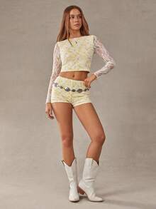 WESTFADE Women Yellow White Floral Lace Top, Fall, Autumn, Cowgirl, Rodeo, Country Concert, Back To School, Western, Festival, Cute Tops, Vacation - Light Yellow - View 2