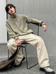 DAZY Pantalones largos de mezclilla casuales holgados con botones, cordón y bolsillos para hombre en primavera - Albaricoque - Ver 3