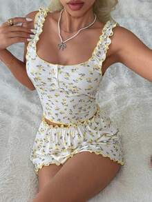 CottageSlumber Women's Romantic Yellow Floral Ribbed Camisole & Shorts Pajama Set With Contrast Lettuce Edge Detail - Yellow - View 7