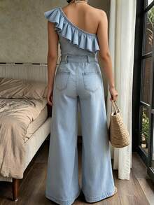 DAZY Ruffled Asymmetric Shoulder Cinched Waist Women's Denim Jumpsuit Romper Vacation Light Blue Summer Sexy Elegant - Blue - View 2