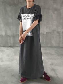 FRIFUL 女款字母印花拼色蕾絲拼接圓領洋裝 夏季日常外出灰色圖案休閒連身裙 - 灰色 - 查看 2