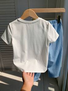 SHEIN 2件組小男孩幼兒可愛休閒華夫格布料短袖長褲居家服套裝，適合日常穿著與外出，適用春夏 - 彩色 - 查看 2