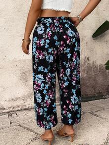 Breezaya Casual Comfortable Vacation Tropical Plant Print Pocket Drawstring Waist Women's Plus Size Long Pants, Summer - Mint Blue - View 2