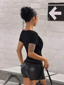 StreetHx American Style Sexy Streetwear Hot Girl Deep V-Neck Twisted Short Sleeve T-Shirt, 2 In 1 Design Slim Fit Versatile Cropped Top Club Black Summer - Black - View 2