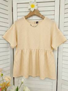SHEIN EZwear 鵝黃色條紋大尺碼女款圓領短袖休閒襯衫 - 鵝黃色 - 查看 6