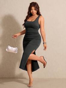 Elaquor Plus Size Women's Square Neck Side Slit Hem Fitted Sleeveless Denim Dress - Black - View 4