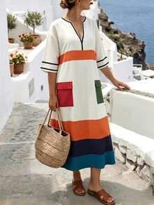 Linhara CURVE Women's Plus Size Multi-Color Contrast Patchwork Print Faux Linen V-Neck Short Sleeve Pocketed Loose Casual Business Versatile Beach Vacation Dress - Multicolor - View 5