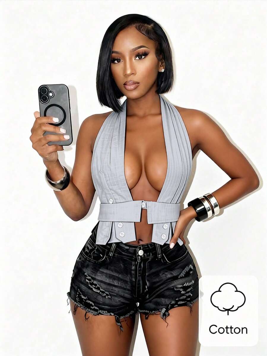 SHEIN BamGlam 女士纽扣设计深V领性感吊带上衣