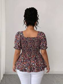 Elenzga Blus Wanita Ukuran Besar Elegan Kasual Serbaguna untuk Liburan, Puff Sleeve Square Neck Musim Semi Musim Panas Terbaru yang Mempertegas Pinggang - MultiWarna - View 2