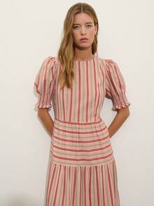 Nöista Vestido midi a rayas con mangas abullonadas y puños fruncidos con rayas en diferentes direcciones - Rosa vieja - Ver 7