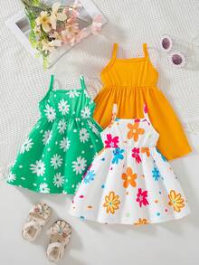 SHEIN Playful Pals 2025新款夏季女嬰無袖細肩帶洋裝套裝，滿版碎花印花與素色洋裝，田園風，多巴胺配色，時尚可愛，3件/套 - 彩色 - 查看 2