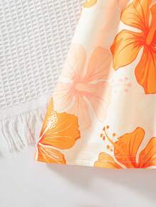SHEIN Playful Pals 3件/套 嬰兒女童 2025夏季新款無袖吊帶洋裝，滿版花卉印花 & 素色洋裝，田園風，多巴胺配色，時尚可愛 - 橘色 - 查看 4