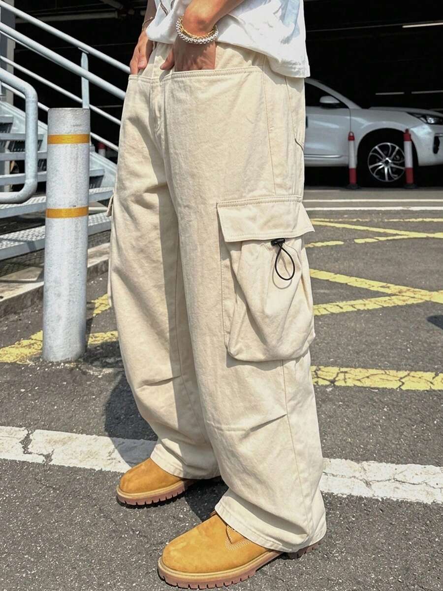 DAZY Pantalones largos de mezclilla casuales holgados con botones, cordón y bolsillos para hombre en primavera - Albaricoque - Ver 1