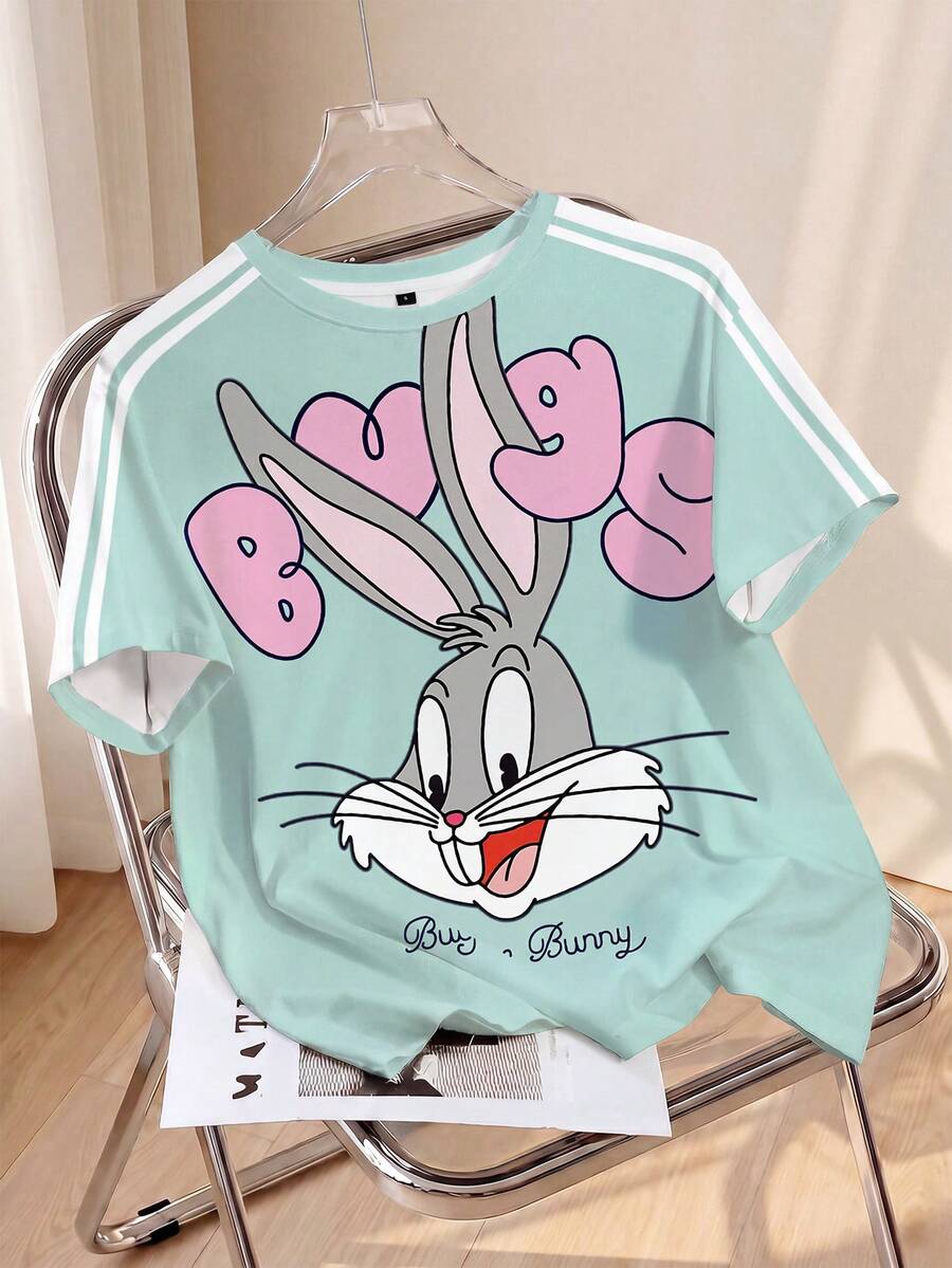 LOONEY TUNES X SHEIN Women's Casual Cartoon Print Round Neck Short Sleeve T-Shirt, Versatile For Daily Wear - White - View 1