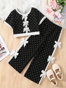 SHEIN 女童針織拼色圓領休閒T恤與長褲2件組 - 黑與白 - 查看 3