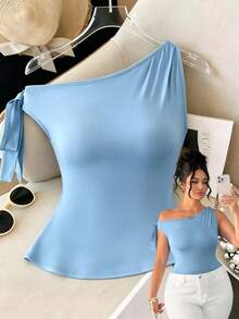 SHEIN LUNE Plus Size Women Solid Color Twist Front Slim Fit T-Shirt - Blue - View 8