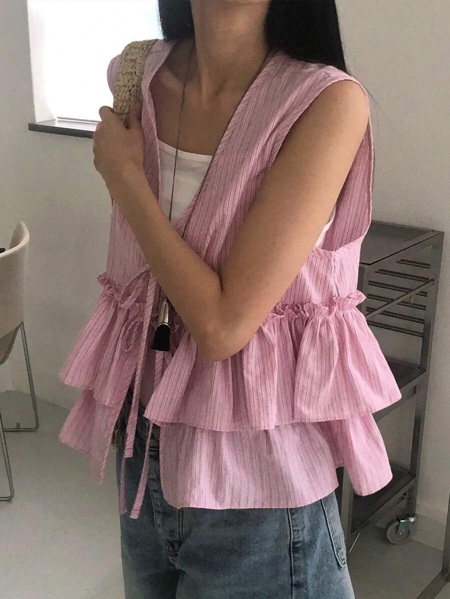 K-Vae Women's Sweet Pink And Red V-Neck Sleeveless Versatile Top With Double Layer Ruffle Vest Everyday Summer Frenchy
