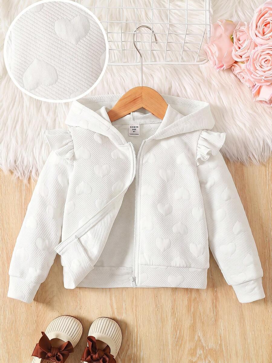 SHEIN 少女 3D 心形圖案荷葉邊拉鍊連帽外套,秋冬款。優雅可愛、高品質、保暖柔軟,適合玩耍、日常穿著、上學、秋冬搭配白襯衫、返校季。學院風。女孩冬季服飾、聖誕服飾、派對穿著、日常上學穿著、生日服飾、公主服飾、母女姐妹套裝、新品上市。 - 白色 - 查看 1