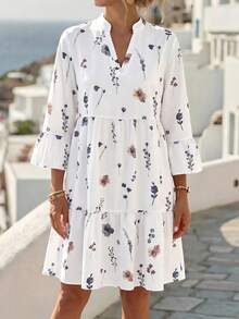 SHEIN Clasi Women's Floral Print Ruffle Hem Fashion Vacation Dress Vacation White And Blue Floral Autumn Boho - Multicolor - View 6