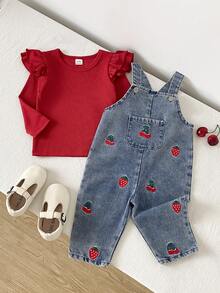 SHEIN Playful Pals 嬰兒男童女童中性 0-3歲 春/秋 紅藍色系 甜美可愛花卉刺繡 牛仔褲圓領長袖套頭上衣吊帶褲套裝 - 紅色 - 查看 3