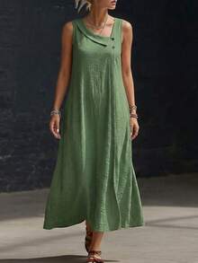 Weeklong Vestido Longo A-Line Casual de Primavera/Verão para Férias com Decote Assimétrico Sem Mangas Plus Size Feminino - Verde - Visão 5