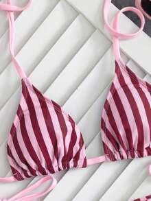 Swim Mod 女款夏季新款性感掛脖綁帶低腰三角比基尼套裝，海軍藍配白色圓點印花 - 紅色 - 查看 5