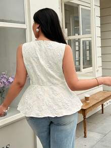 Easura Plus Size Boat Neck Cinched Waist Sleeveless Jacquard Blouse - Apricot - View 2