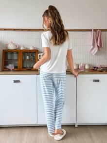 SweetSlumber Heart Stripe Print Knit Round Neck Women's Pajama Short Sleeve Long Pants Set - Multicolor - View 2