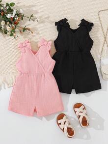 SHEIN Baby Girls Summer V-Neck Sleeveless Romper Two Pieces Set Ruffled Shoulder Straps Chic Outfit - Multicolor - View 3