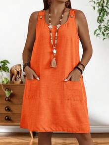 EMERY ROSE Plus Size Women's Summer Solid Color Double Pocket Design Sleeveless Casual Dress, Vacation,Orange - Orange - View 2