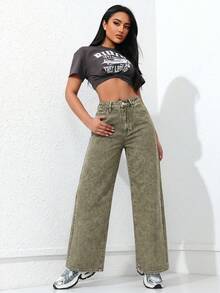 SHEIN ICON 女款口袋寬腿寬鬆休閒百搭牛仔長褲 - 墨綠色 - 查看 7