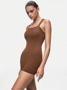SHAPORA Women's Minimalist Solid Color Fitted Romper - Coffee Brown - View 3