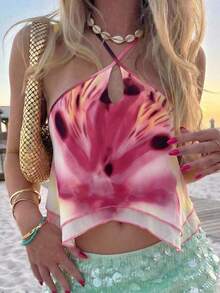 Lumalex Pink Abstract Floral Print Halter Crop Top Crisscross Neck Tie Back Layered Chiffon Overlay Asymmetric Hem And Lettuce Edge Trim Perfect Summer Top - Multicolor - View 2
