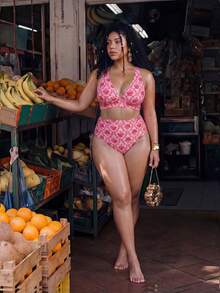 Swim Mod 2026 New Summer Plus Size Women 2pcs Random Print High Waist Triangle Bikini Bottom Ruched Casual Swimsuit Set - Pink - View 6