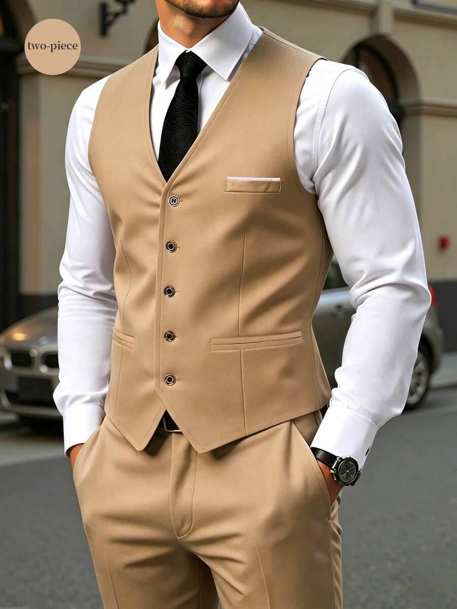 Calvornis Men's Suit Vest, Shirt, And Trousers Outfit, Minimalist Fashion Suitable For Summer, Men Formal Wedding Clothes Dressy Set, Old Money Style, Ceremony - Khaki - View 1