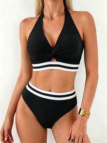 Swim Lushoire Women's Halter Neck Tie Swimsuit Set, Special Fabric Webbing Patchwork Hollow Out, Summer Holiday Beach 2 Pieces Set - Multicolor - View 3