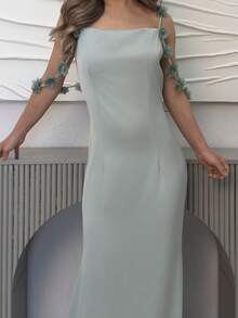 Jemour Women's Elegant Charming Gentle Romantic Vacation Sleeveless Spaghetti Strap Waist-Defined Floral Strap Accent Solid Satin Dress Party Summer - Green - View 5