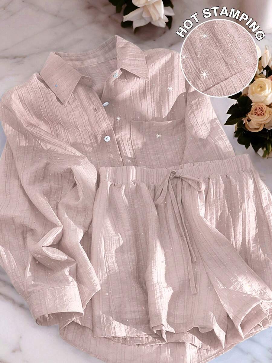 INAWLY Lotus Root Pink Sequined Collar Blouse With Three Quarter Length Sleeve And Shorts Casual Two Piece Outfit Regular Fit With Pockets - Dusty Pink - View 1
