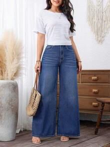 EMERY ROSE Cowgirl Plus Size Women's Spring Blue Non-Stretch Loose Wide Leg Jeans , Spring For Women - Medium Wash - View 3