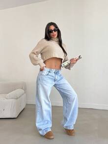 SHEIN LOW RISE WIDELEG BABY BLUE 90S JEAN CASUAL STYLE BUTTON CLOSURE PLUS SIZE - Medium Wash - View 5