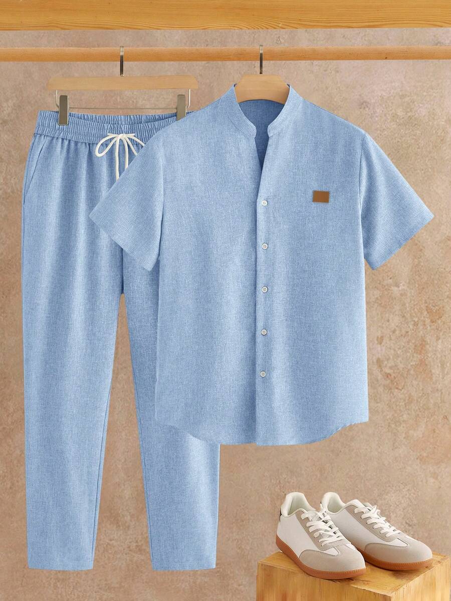 HIMLAND Conjunto de camisa de manga corta con botones delanteros para hombre - Azul - Ver 1