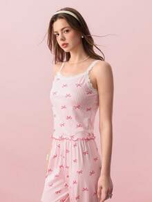 Bonmuse 2pcs Women's Pajama Set, Striped & Bow Contrast Lace Trim Camisole And Split Hem Pants, Lace Sleepwear, Cute Pajamas, Bow Pajamas, Women Summer Outfit - Multicolor - View 6