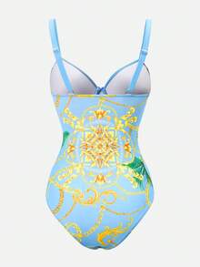 Swim SXY Summer Beach Chain Print Push Up One Piece Swimsuit With Beach Skirt - Multicolor - View 7