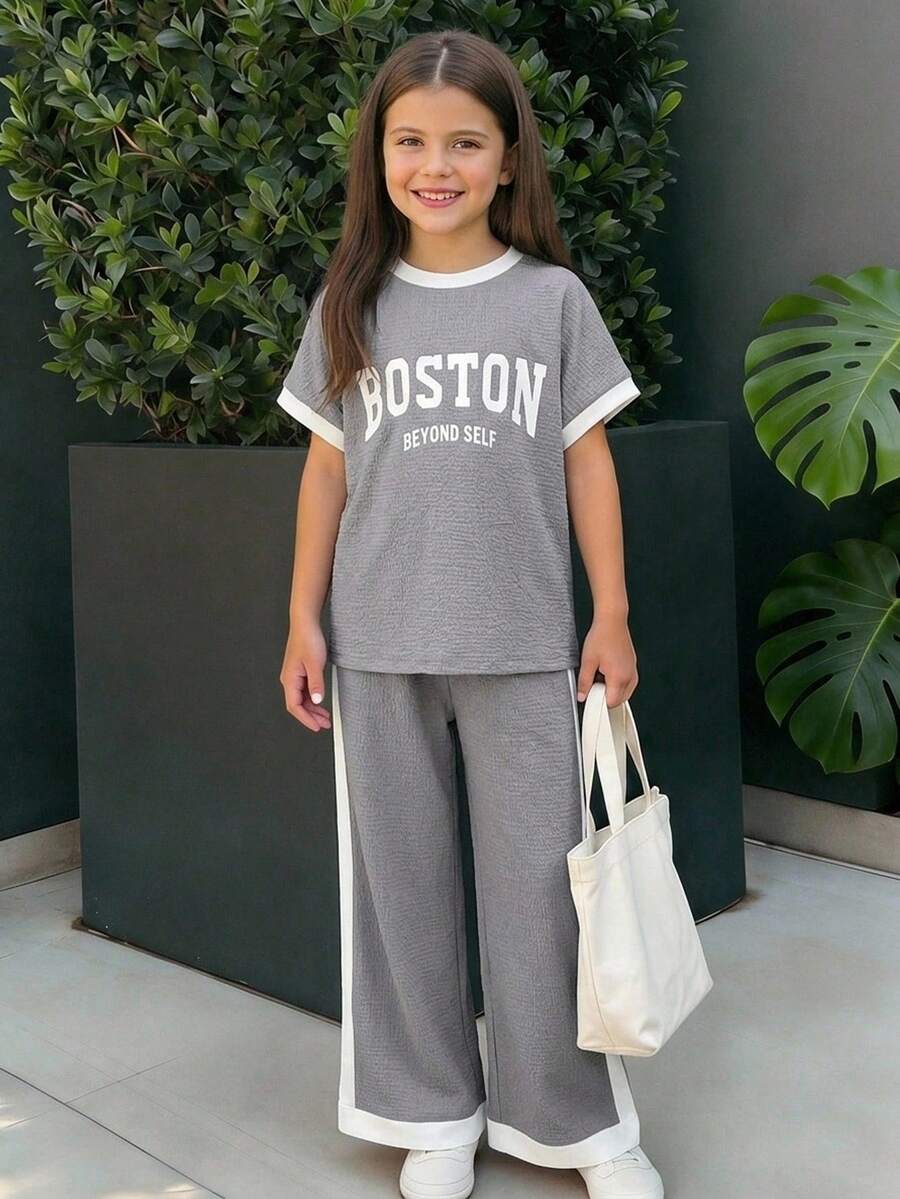 青少年女孩休閒百搭日常居家穿著黑白配色拼色滾邊圓領蝙蝠袖T恤+直筒針織長褲套裝 - 灰色 - 查看 1