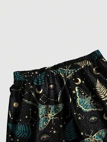 ROMWE Dark Gothic Punk Hot Girl Butterfly Moth Sun Moon Star Women's Plus Size Long Pants - Black - View 4