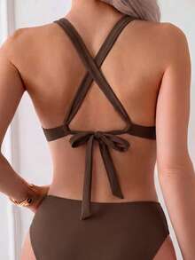 Swim Mod 2026 Spring/Summer Solid Color Sexy Sexy Two Pieces Bikini Swimsuit For Hot Spring Vacation - Brown - View 2